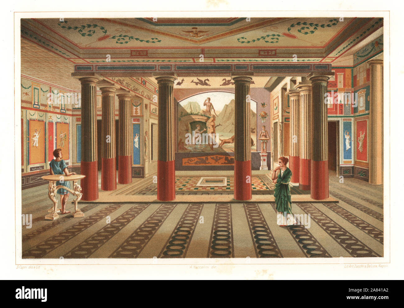 View of the Venereum of the House of Sallust, Reg VI, Ins 2, 3-5,30, Pompeii. The large painting on the rear wall shows Actaeon and Diana. Chromolithograph and illustration by D. Capri from Antonio Niccolini’s Pompeii: Views and Restorations (Pompeii: Essaies et Restaurations), published by Zucchi & De Luca, Naples, 1898. Antonio was grandson of the architect Antonio Niccolini Sr. Stock Photo