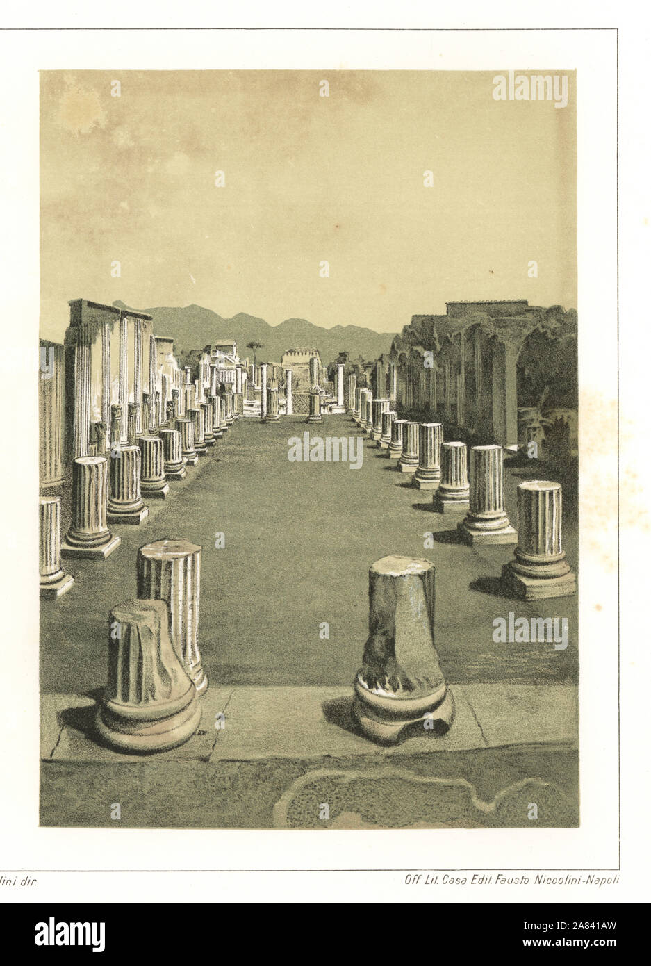 View of the Basilica, near the west corner of the Forum, Pompeii. Chromolithograph and illustration by S. De Stefano from Antonio Niccolini’s Pompeii: Views and Restorations (Pompeii: Essaies et Restaurations), published by Fausto Niccolini, Naples, 1898. Antonio was grandson of the architect Antonio Niccolini Sr. Stock Photo