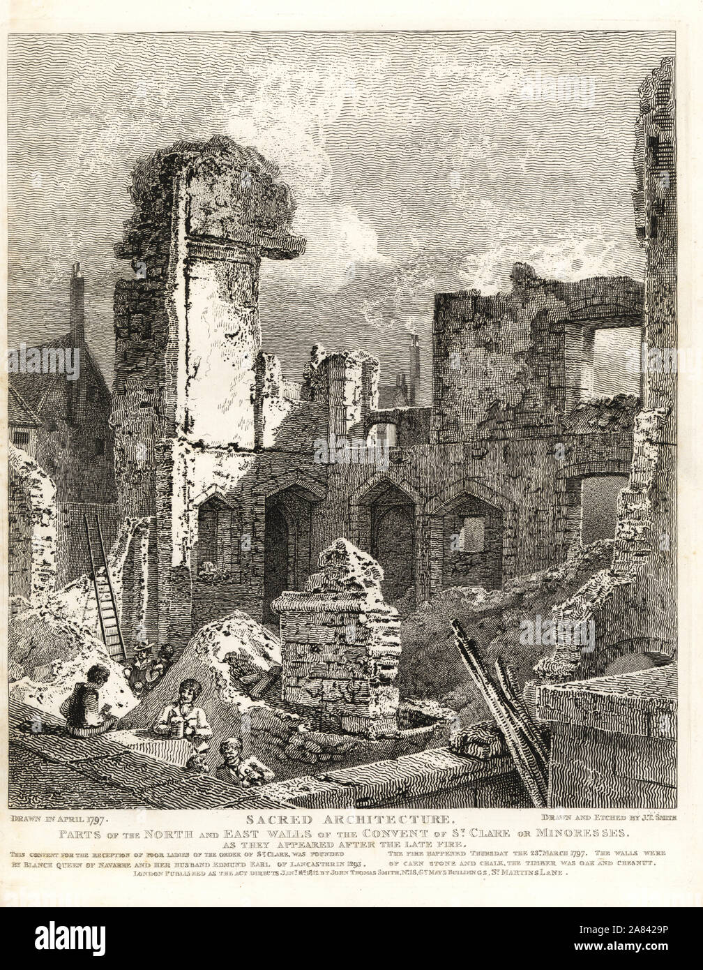 Parts of the north and east walls of the Convent of St. Clare or Minoresses, founded 1293. After the fire of March 23, 1797. Walls of Caen stone and chalk, timber oak and chestnut. Copperplate engraving drawn and etched by John Thomas Smith from his Topography of London, 1812. Stock Photo