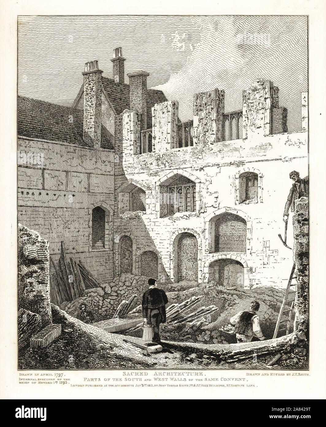 Parts of the south and west walls of the Convent of St. Clare or Minoresses, founded 1293. After the fire of March 23, 1797. Walls of Caen stone and chalk, timber oak and chestnut. Copperplate engraving drawn and etched by John Thomas Smith from his Topography of London, 1812. Stock Photo
