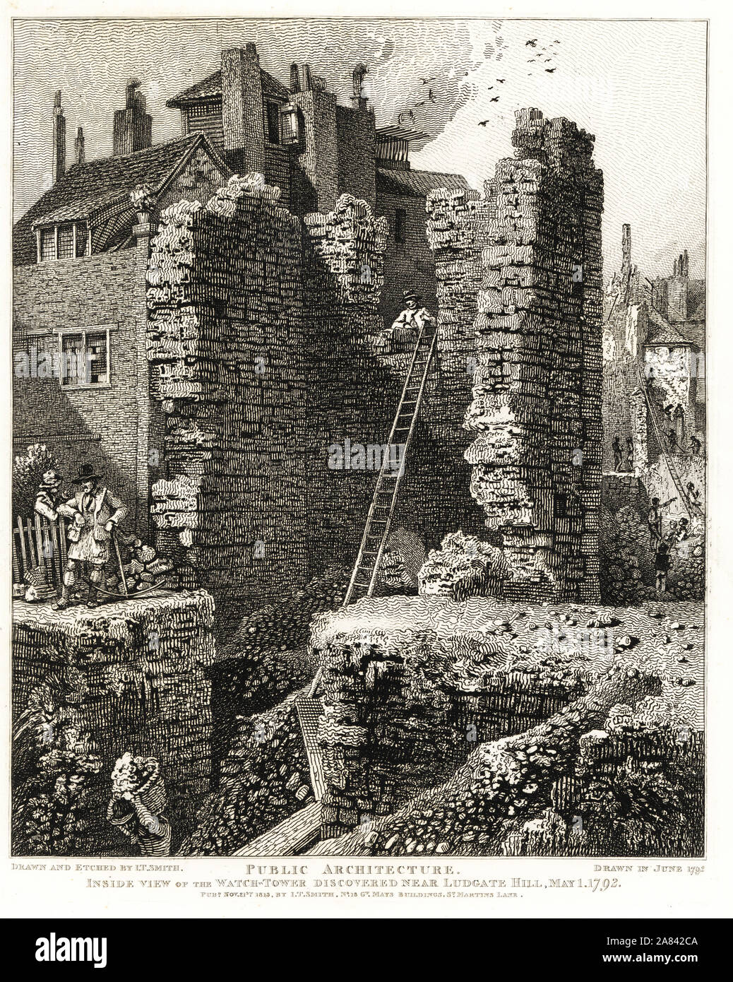 Inside view of the Watch Tower discovered near Ludgate Hill, May 1, 1792. Barbican or part of the old City wall of 1276. Copperplate engraving drawn and etched by John Thomas Smith from his Topography of London, 1813. Stock Photo