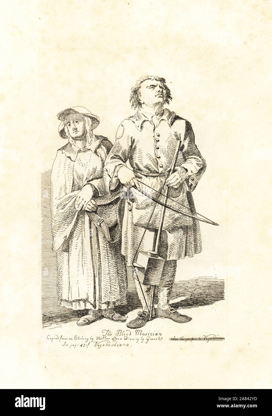 Blind chaunter or singer with a catgut fiddle and bow. The fiddle has a tea canister for a soundbox. Copied from an etching by Miller after a drawing by Gravelot. Copperplate etching drawn and engraved by John Thomas Smith from his Vagabondiana, Anecdotes of Mendicant Wanderers  through the Streets of London, 1817. Stock Photo