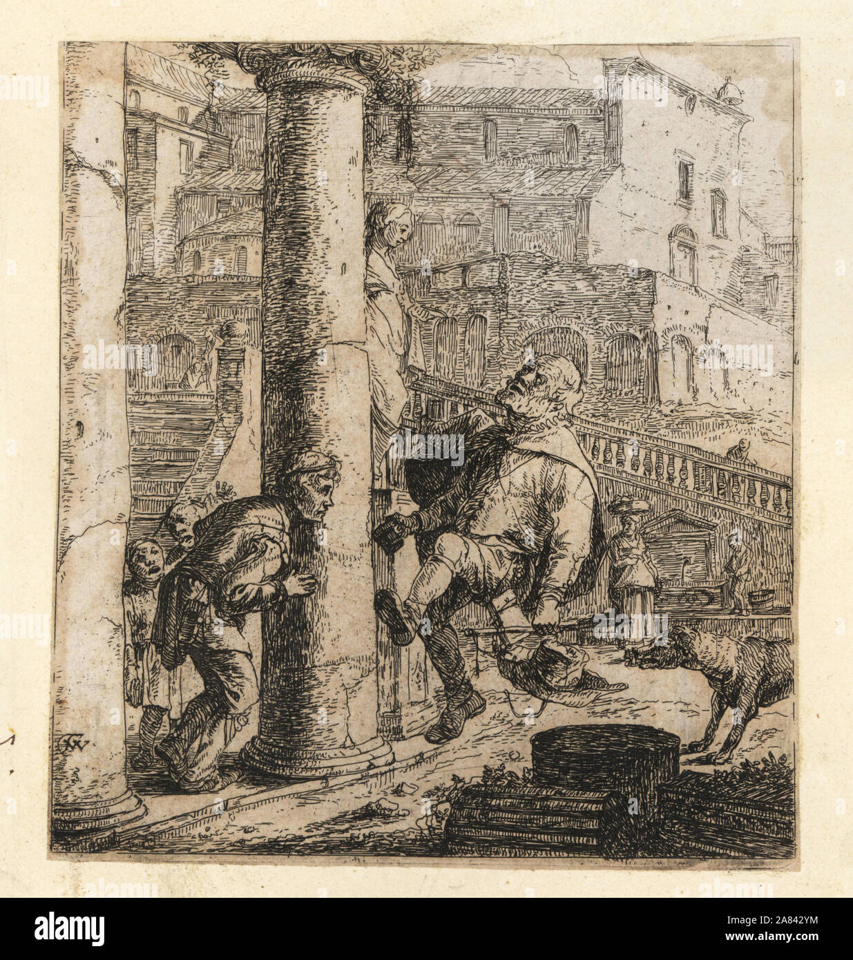 Lazarillo de Tormes takes his revenge on the blind beggar by forcing him to bump into a pillar. Church of Santa Maria in Aracoeli in the background. Copperplate engraving by Thomas Wijck from The Life of Lazarillo de Tormes and of His Fortunes and Adversities, 1631. Stock Photo
