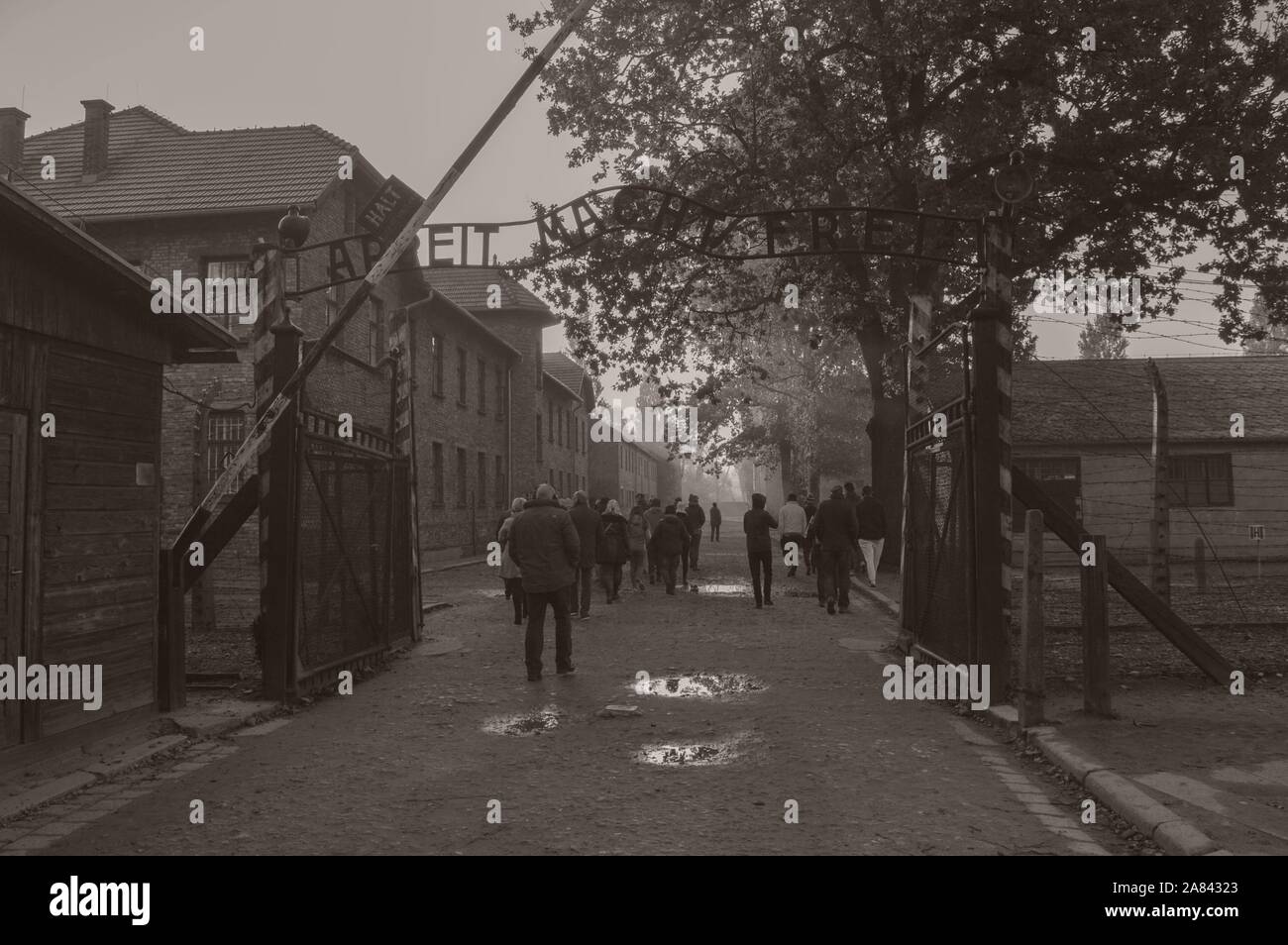 The main gate of the concentration camp Auschwitz - Holocaust Memorial Museum Stock Photo