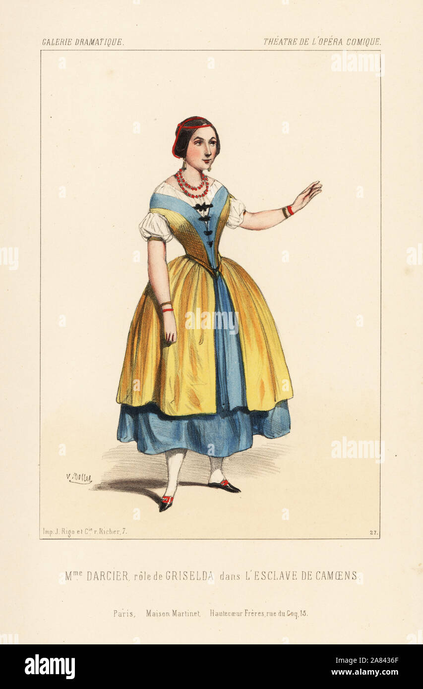 Opera singer Celestine Darcier as Griselda in L'Esclave de Camoens by Friedrich von Flotow, Theatre de l'Opera Comique, 1843. Handcoloured lithograph after an illustration by Victor Dollet from Galerie Dramatique: Costumes des Theatres de Paris, Paris, 1845. Stock Photo