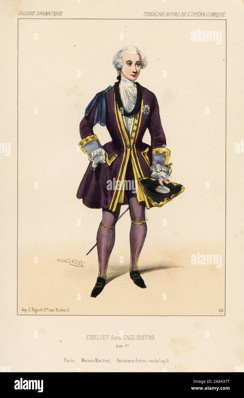 French singer Jean-Baptiste Chollet in the comic opera Cagliostro by Adolphe Adame, Henri Vernoy de Saint-Georges, Eugene Scribe, Theatre Royal de l'Opera Comique, 1844. Handcoloured lithograph after an illustration by Victor Dollet from Galerie Dramatique: Costumes des Theatres de Paris, Paris, 1845. Stock Photo