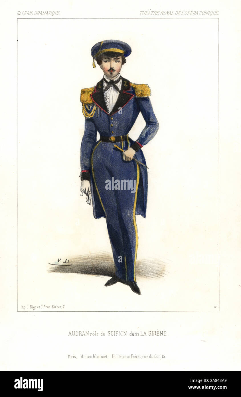 Tenor singer Marius-Pierre Audran as Scipion in La Sirene by Daniel Auber and Eugene Scribe, Theatre Royal de l'Opera Comique, 1844. Handcoloured lithograph after an illustration by Victor Dollet from Galerie Dramatique: Costumes des Theatres de Paris, Paris, 1845. Stock Photo