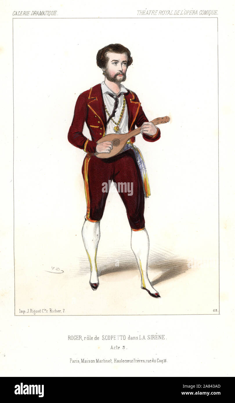 Tenor singer Gustave-Hippolyte Roger as Scopetto in La Sirene by Daniel Auber and Eugene Scribe, Theatre Royal de l'Opera Comique, 1844. Handcoloured lithograph after an illustration by Victor Dollet from Galerie Dramatique: Costumes des Theatres de Paris, Paris, 1845. Stock Photo