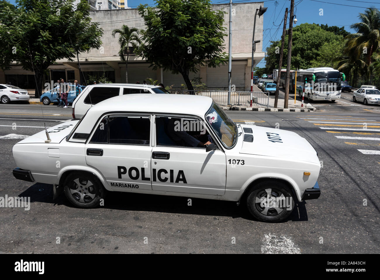 Cuban police driving a Russian built Lada car in Havana, Cuba Stock