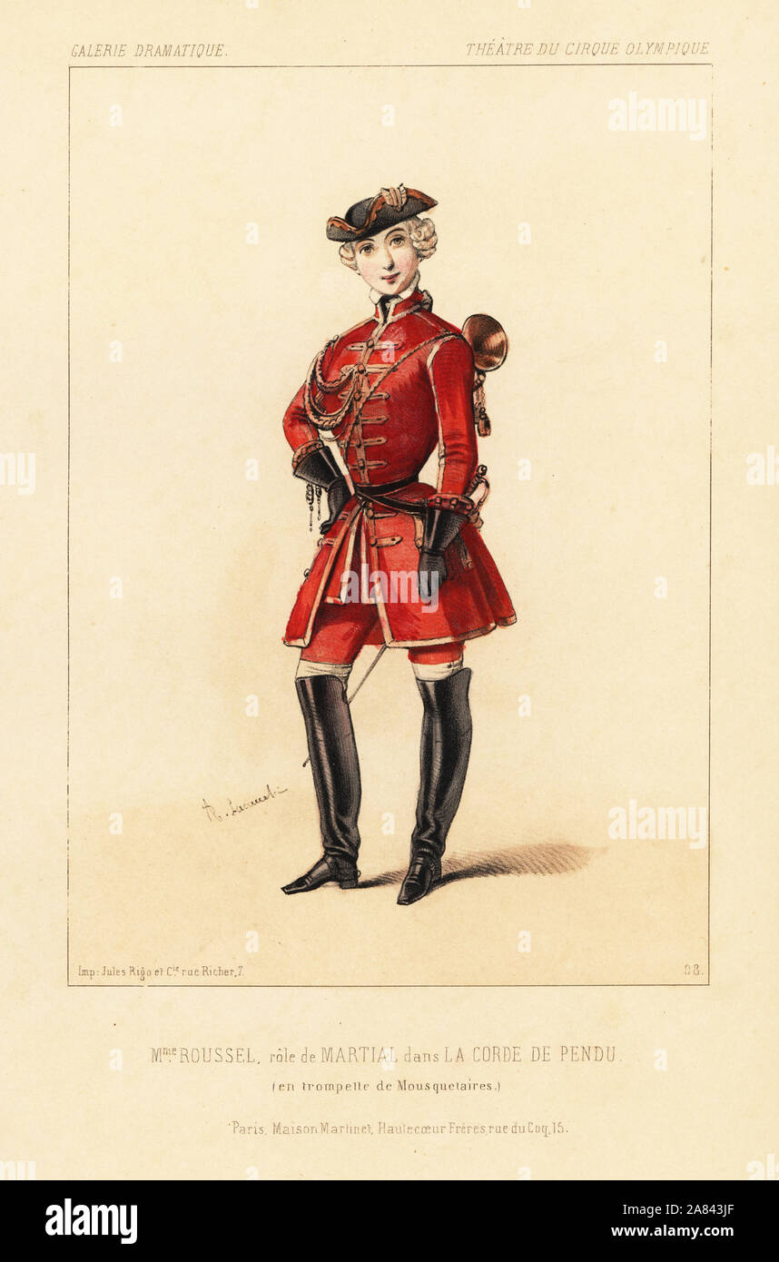 Mlle. Roussel as Martial in La Corde de Pendu by Laloue and Bourgeois, Theatre du Cirque Olympique, 1844. Actress crossdressing as a trumpeter for the Musketeers. Handcoloured lithograph after an illustration by Alexandre Lacauchie from Victor Dollet's Galerie Dramatique: Costumes des Theatres de Paris, Paris, 1844. Stock Photo