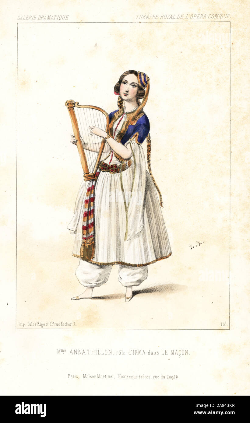 Opera singer Anna Thillon as Irma with lyre in Le Macon by Daniel Auber, Theatre Royal de l'Opera Comique, 1844. Handcoloured lithograph after an illustration by Alexandre Lacauchie from Victor Dollet's Galerie Dramatique: Costumes des Theatres de Paris, Paris, 1845. Stock Photo