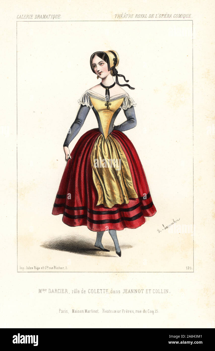 Soprano singer Celestine Darcier as Colette in Jeannot et Colin by Nicolo, Theatre Royal de l'Opera Comique, 1845. Handcoloured lithograph after an illustration by Alexandre Lacauchie from Victor Dollet's Galerie Dramatique: Costumes des Theatres de Paris, Paris, 1845. Stock Photo