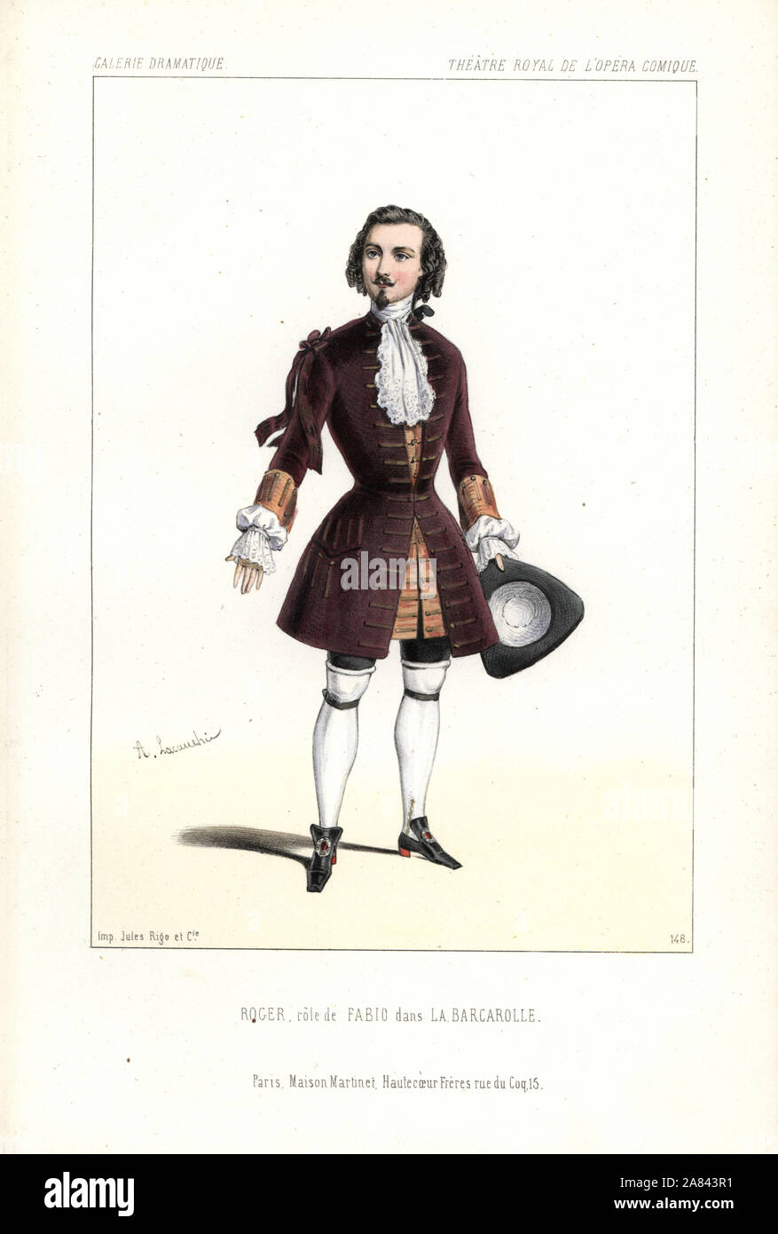 Tenor singer Gustave-Hippolyte Roger in the role of Fabio in Daniel Auber's La Barcarolle, Opera Comique, 1845. Handcoloured lithograph after an illustration by Alexandre Lacauchie from Victor Dollet's Galerie Dramatique: Costumes des Theatres de Paris, Paris, 1845. Stock Photo