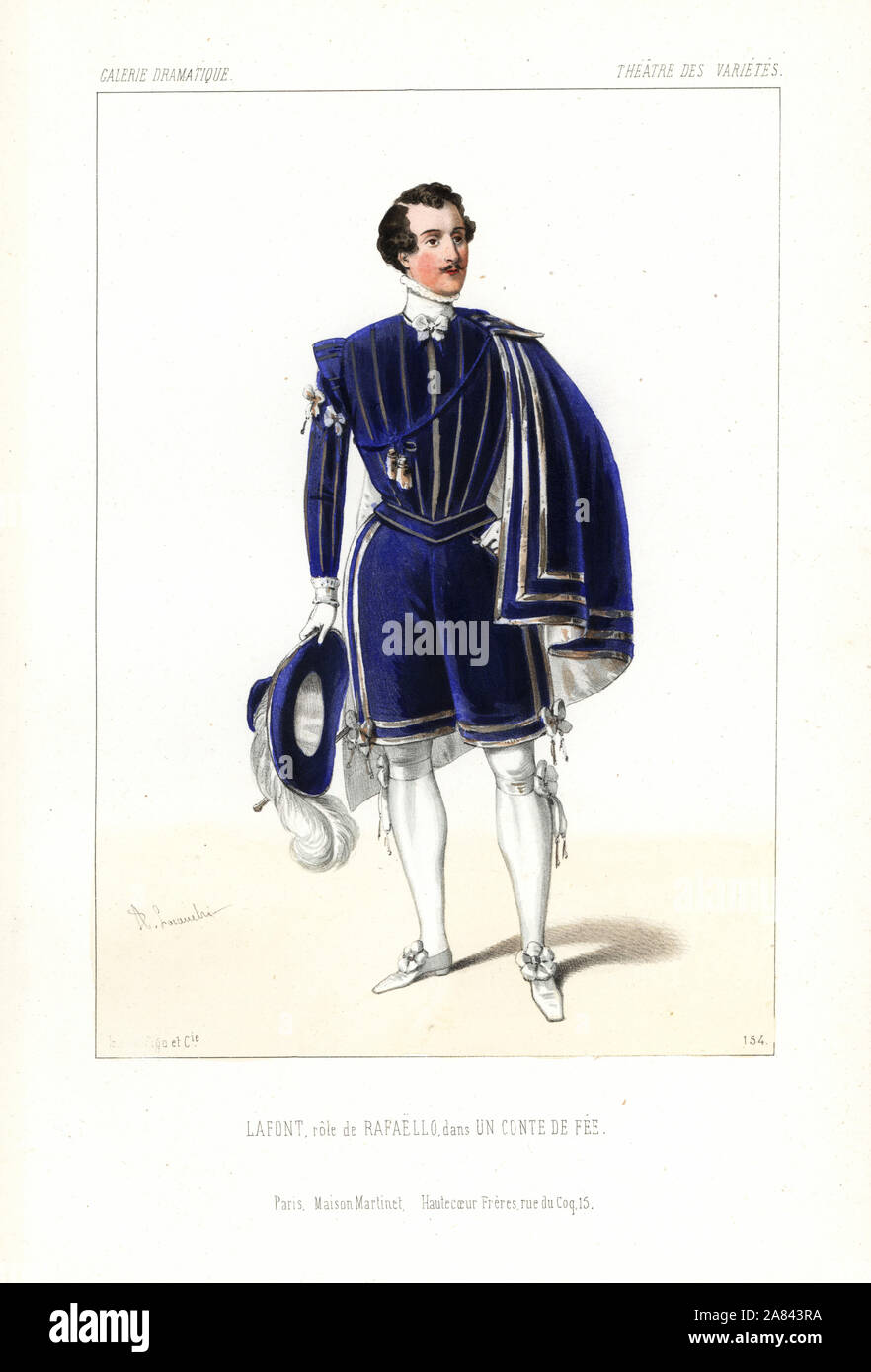 Pierre-Cheri Lafont in the role of Rafaello in A Fairy Tale (Un Conte de Fee) by Leuven/Lherie, Theatre des Varietes, 1845. Handcoloured lithograph after an illustration by Alexandre Lacauchie from Victor Dollet's Galerie Dramatique: Costumes des Theatres de Paris, Paris, 1845. Stock Photo