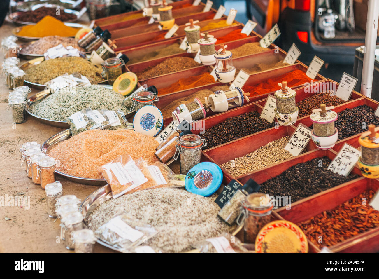 Gordes Vaucluse Provence Alpes Cote d Azur France September 25 2018 Spice rack on the market the traditional farmer s market in Provence Stock Photo Alamy