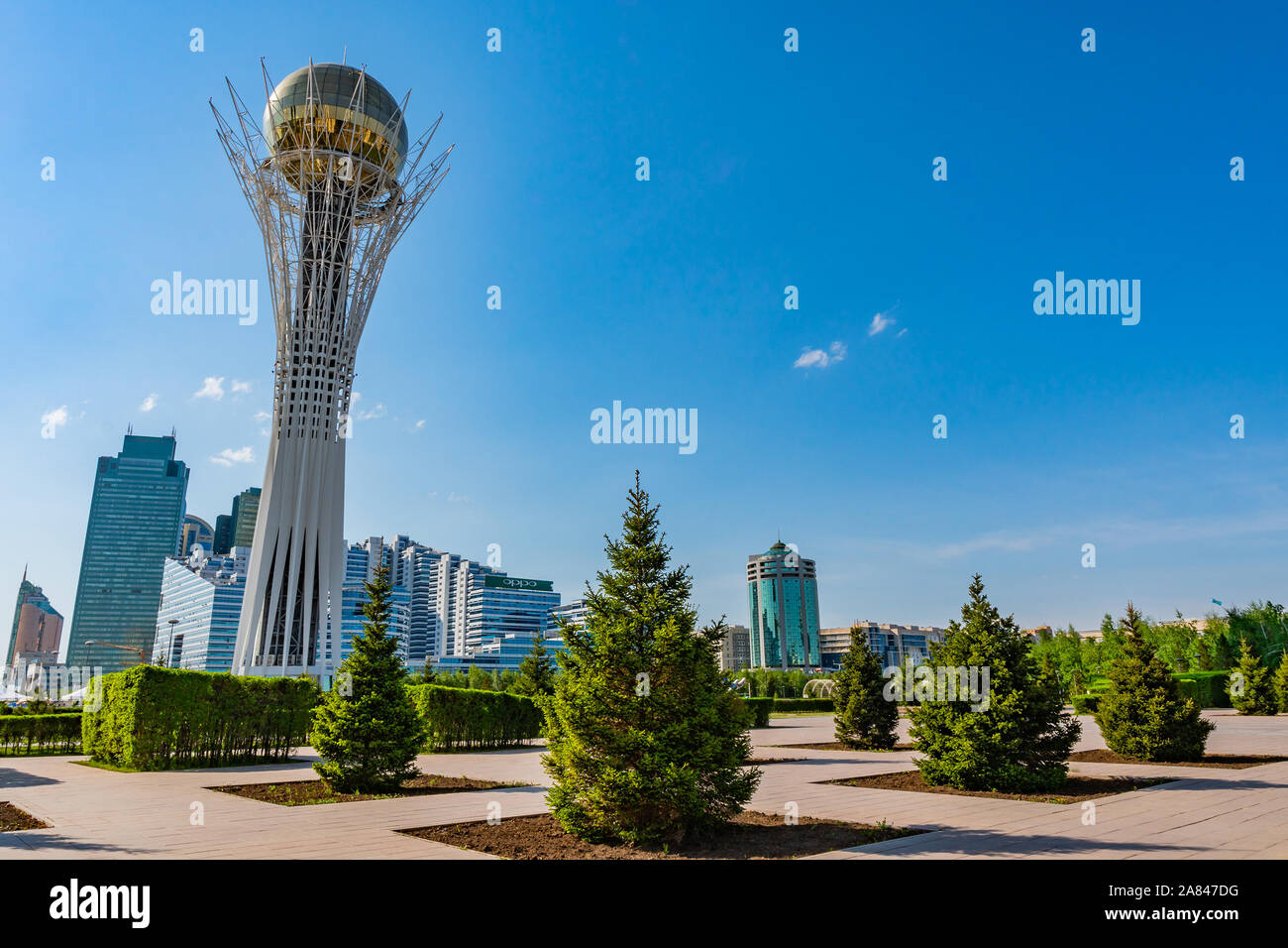 Nur-Sultan Astana Bayterek Tower Picturesque Frontal View on a Sunny Cloudy Blue Sky Day Stock Photo