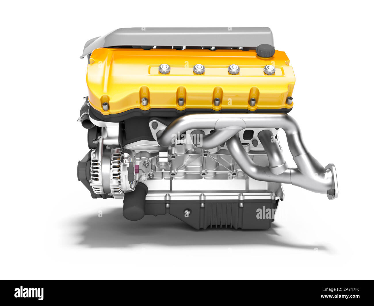 Car engine cast iron yellow with starter left view 3d render on white ...