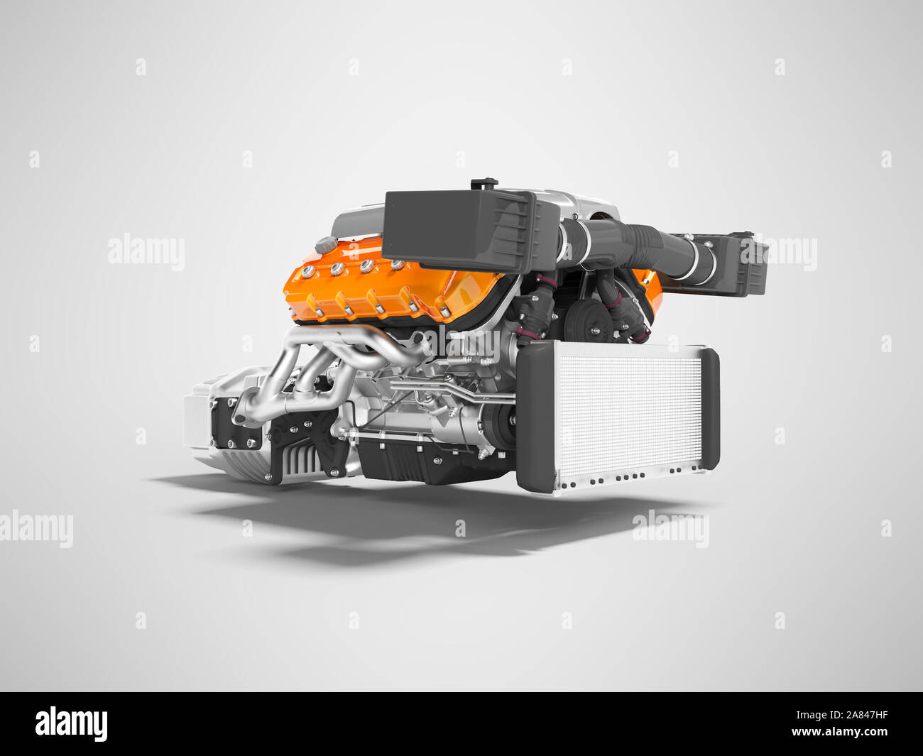 Car engine for eight cylinders red assembled with air filters collector ...