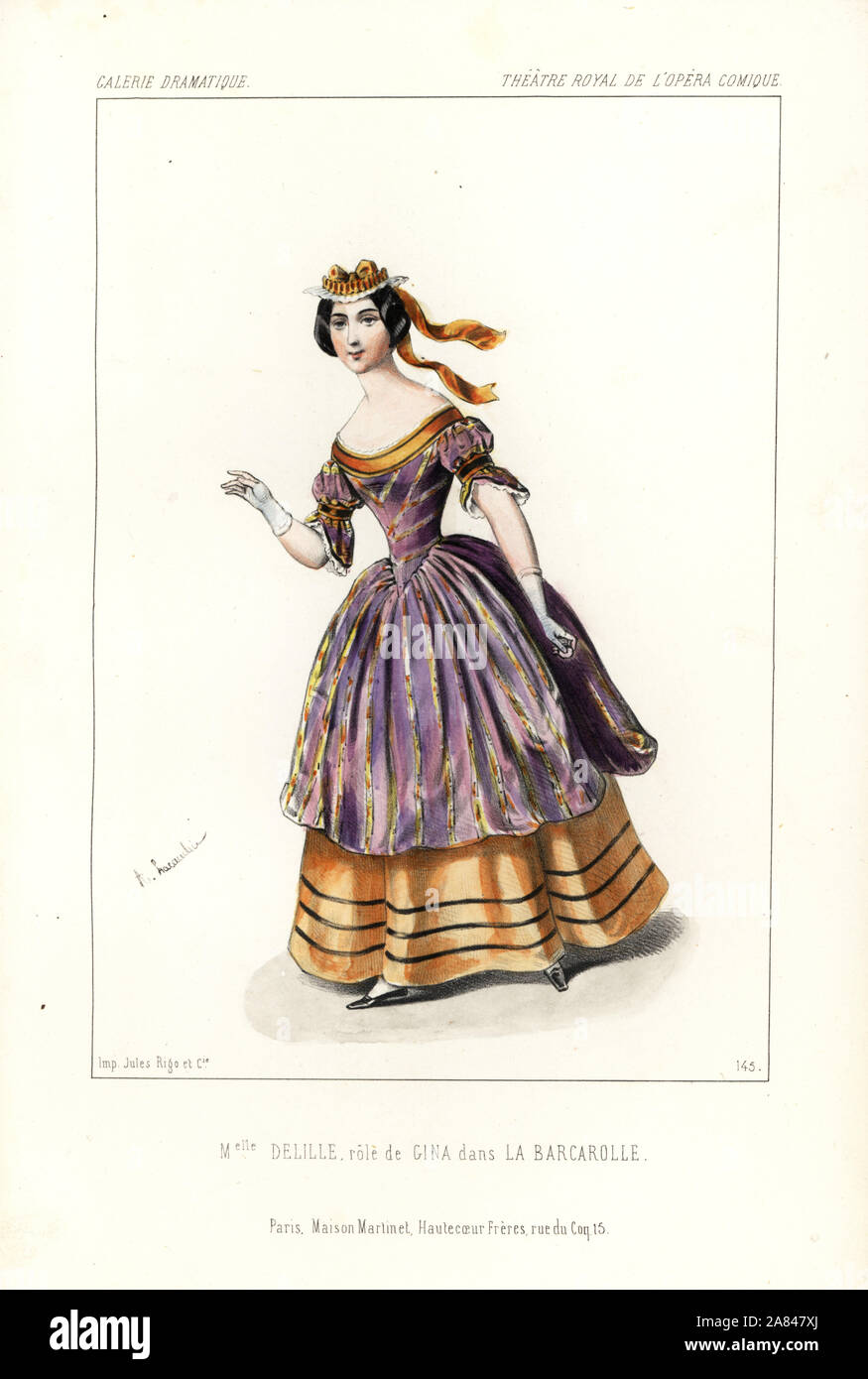Mezzo-soprano singer Mlle. Delille or Octavie Morize in the role of Gina in Auber's La Barcarolle, Opera Comique, 1845. Handcoloured lithograph after an illustration by Alexandre Lacauchie from Victor Dollet's Galerie Dramatique: Costumes des Theatres de Paris, Paris, 1845. Stock Photo