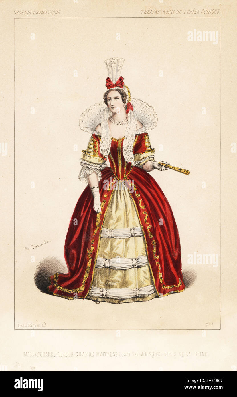 French opera singer Madame Frosine Blanchard as La Grande Maitresse in the comic opera Les Mousquetaires de la Reine by Fromental Halevy, Theatre Royal de l'Opera Comique, 1846. Handcoloured lithograph after an illustration by Alexandre Lacauchie from Victor Dollet's Galerie Dramatique: Costumes des Theatres de Paris, Paris, 1846. Stock Photo