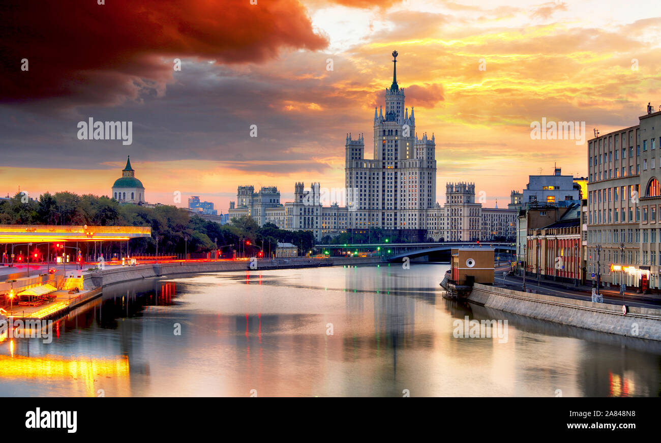 Skyscraper on Kotelnicheskaya embankment at sunset, Moscow Stock Photo