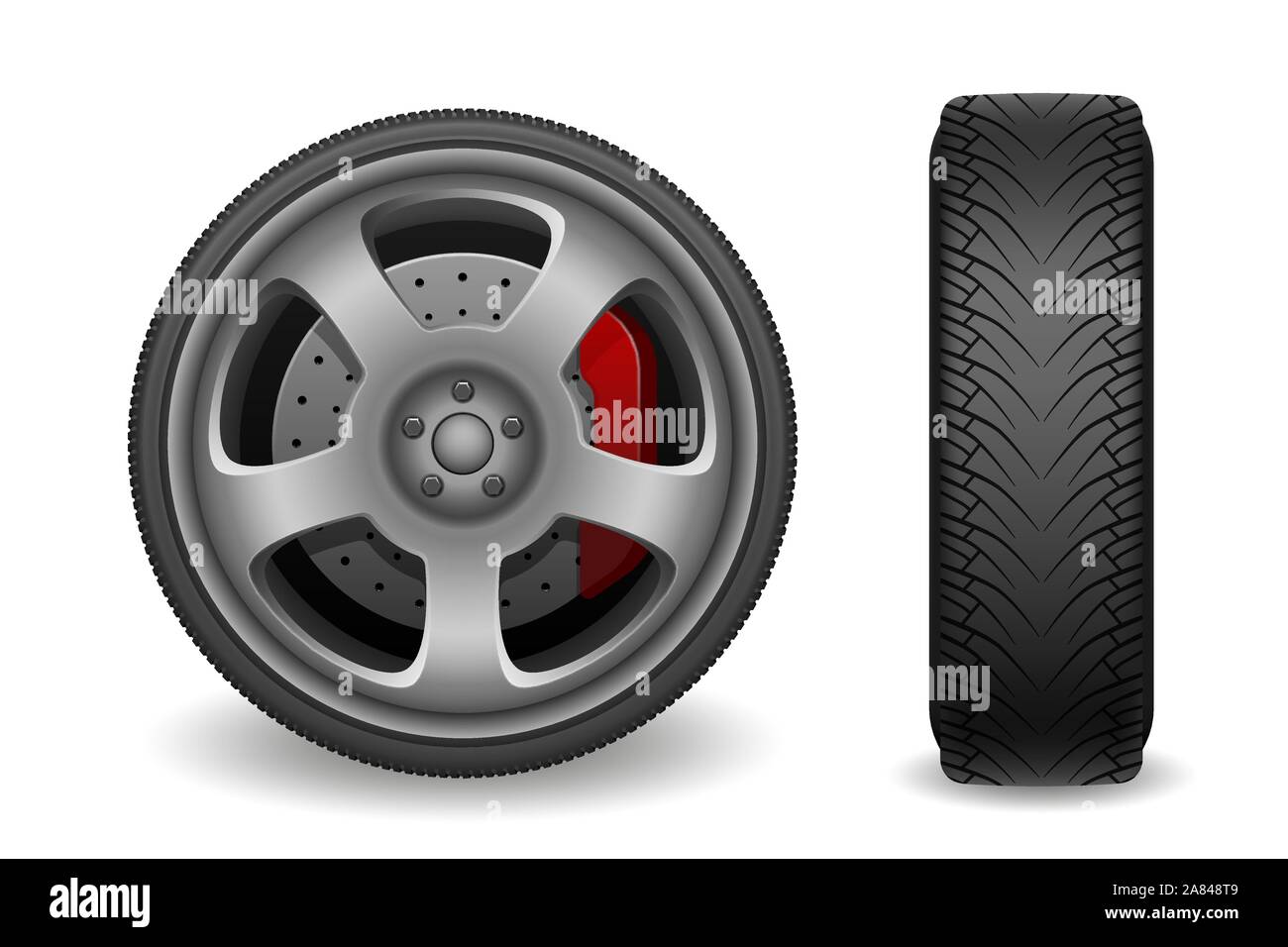 Car wheel with brake gear isolated on white. Realistic sport car tires