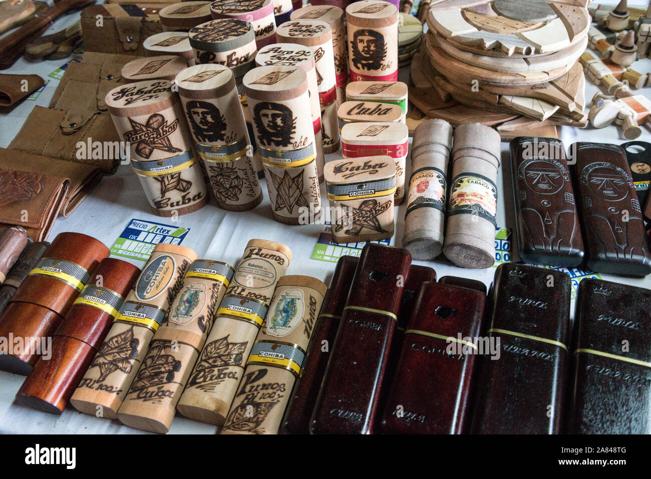 A display of cigar case souvenirs on sale at a small shop at a tobacco producing farm in the Valle de Vinales, Pinar del Río Province, west Cuba, Cuba Stock Photo