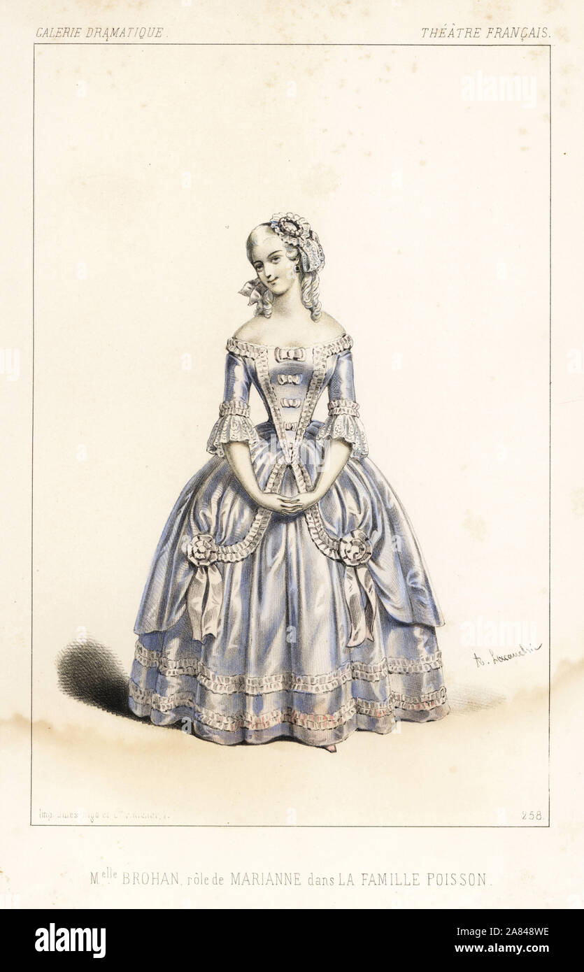 French actress Mlle Augustine Brohan as Marianne in La Famille Poisson, by Joseph Isidore Samson, Theatre Francais, 1845. Handcoloured lithograph after an illustration by Alexandre Lacauchie from Victor Dollet's Galerie Dramatique: Costumes des Theatres de Paris, Paris, 1845. Stock Photo