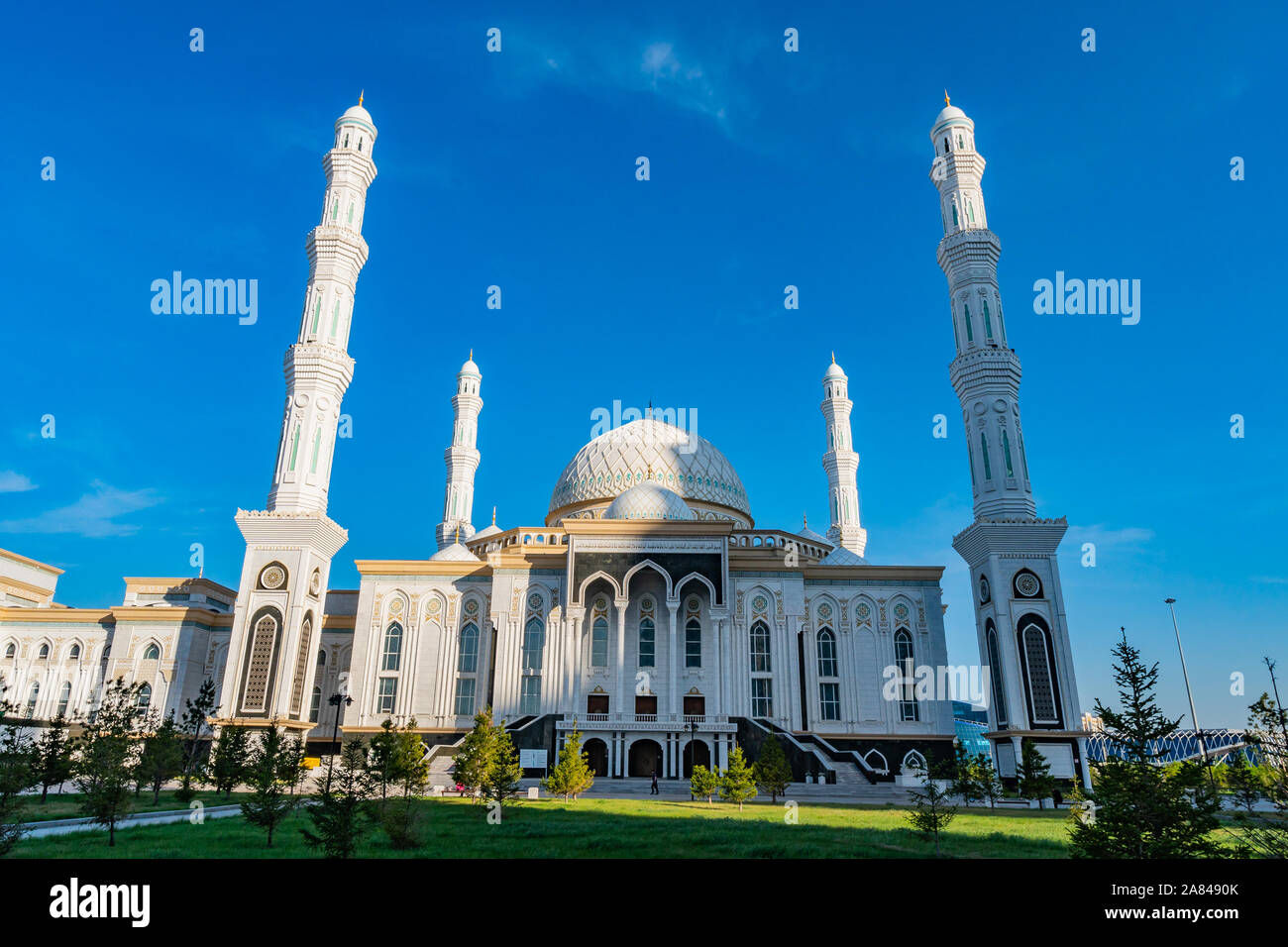 Nur-Sultan Astana Hazrat Sultan Mosque Picturesque Breathtaking View on a Sunny Cloudy Blue Sky Day Stock Photo
