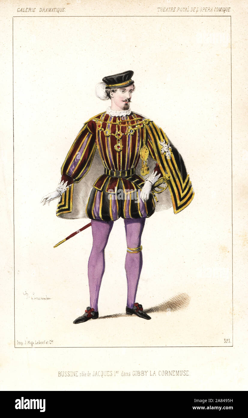 Baritone singer Prosper Alphonse Bussine as Jacques I in the comic opera Gibby la Cornemuse by Clapisson, Theatre de l'Opera Comique, 1846. Handcoloured lithograph after an illustration by Alexandre Lacauchie from Victor Dollet's Galerie Dramatique: Costumes des Theatres de Paris, Paris, 1846. Stock Photo