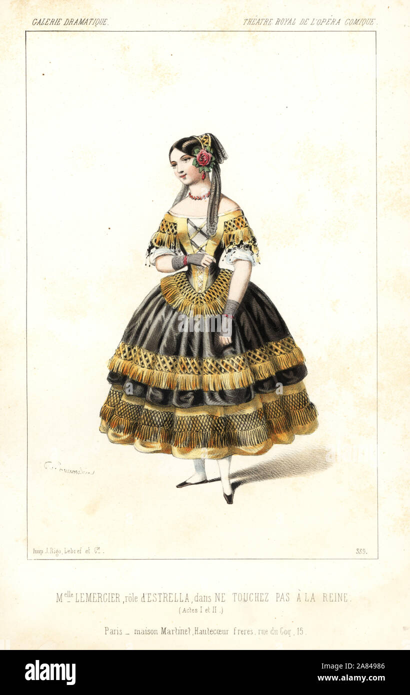 French soprano singer Leocadie Lemercier as Estrella in Ne Touchez pas a la Reine by Xavier Boisselot, Theatre Royal de l'Opera Comique, 1846. Handcoloured lithograph after an illustration by Alexandre Lacauchie from Victor Dollet's Galerie Dramatique: Costumes des Theatres de Paris, Paris, 1846. Stock Photo