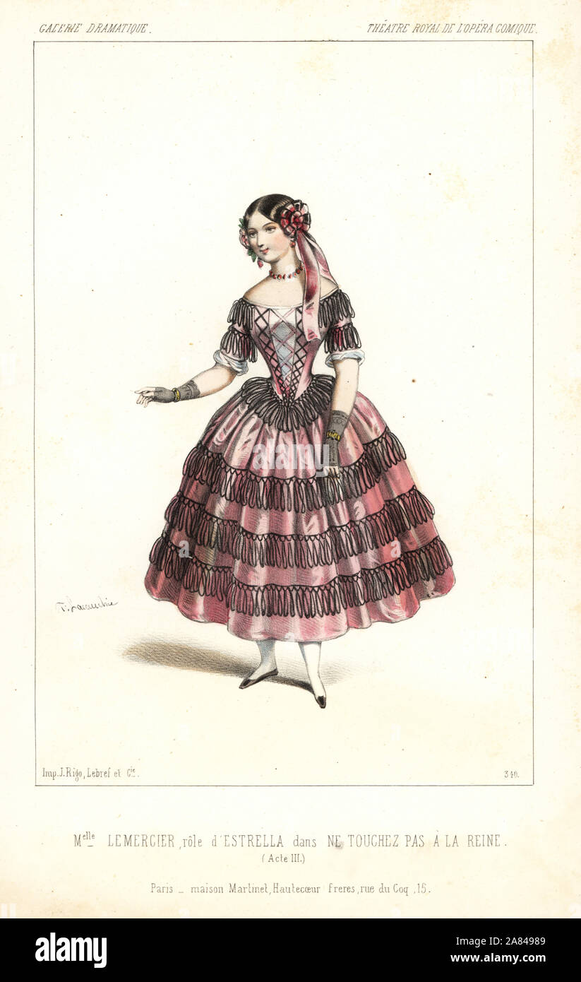 French soprano singer Leocadie Lemercier as Estrella in Ne Touchez pas a la Reine by Xavier Boisselot, Theatre Royal de l'Opera Comique, 1846. Handcoloured lithograph after an illustration by Alexandre Lacauchie from Victor Dollet's Galerie Dramatique: Costumes des Theatres de Paris, Paris, 1846. Stock Photo