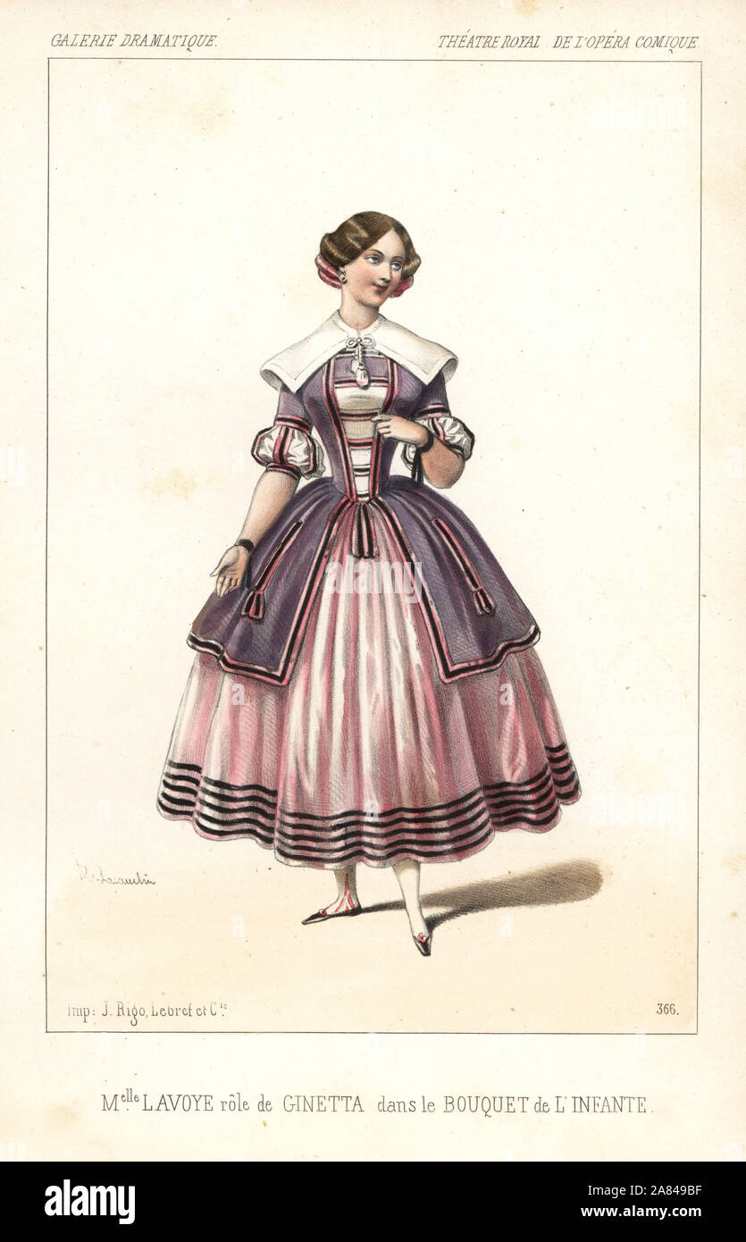 French soprano singer Anne-Benoite-Louise Lavoye as Ginetta in Le Bouquet de l'Infante, Theatre Royal de l'Opera Comique, 1846. Handcoloured lithograph after an illustration by Alexandre Lacauchie from Victor Dollet's Galerie Dramatique: Costumes des Theatres de Paris, Paris, 1846. Stock Photo