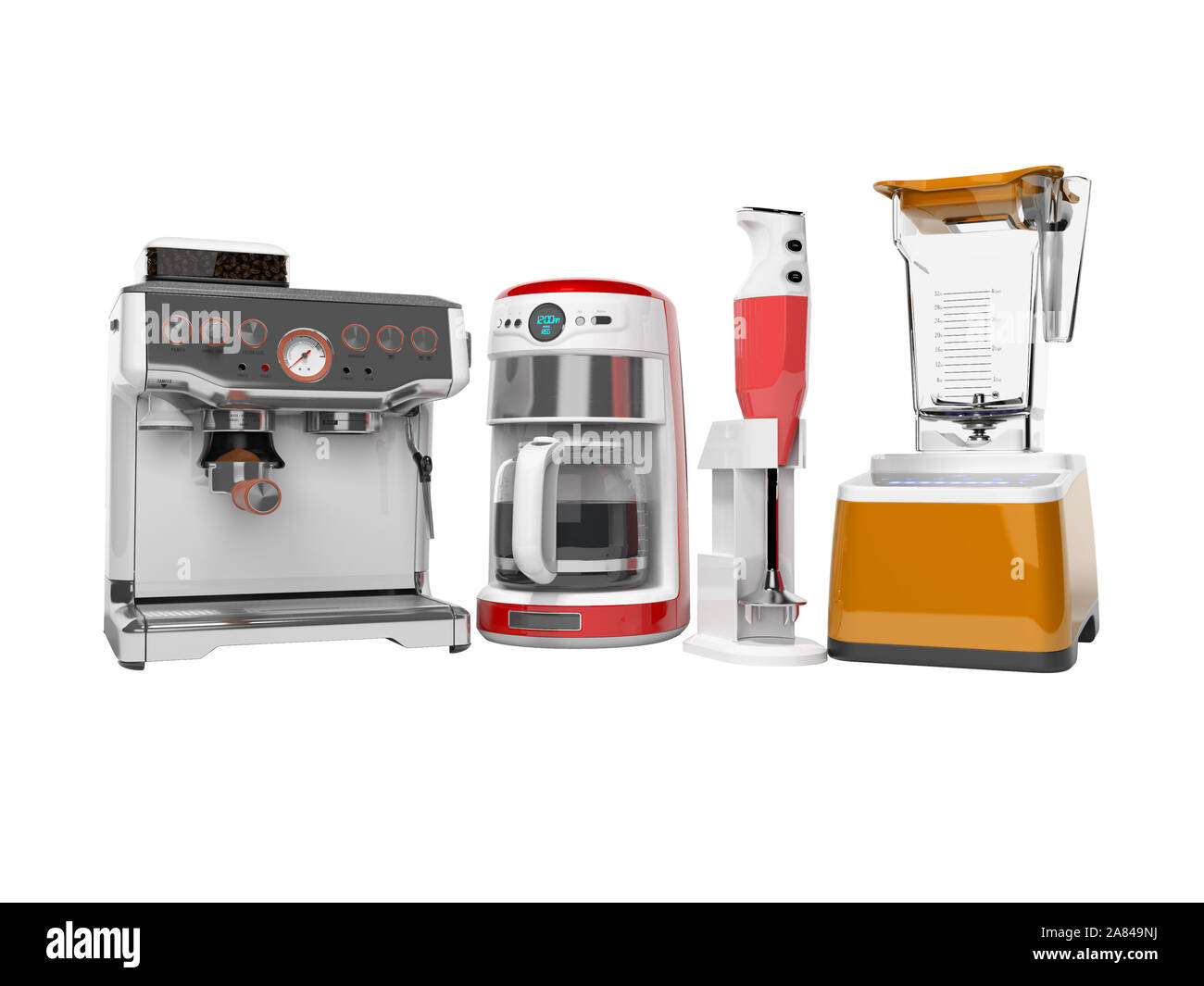 Kitchen Appliances Set. Red Blender, Toaster, Coffee Machine, Meat Ginder,  Food Mixer and Coffee Grinder on a wooden table. 3d Rendering Stock Photo -  Alamy