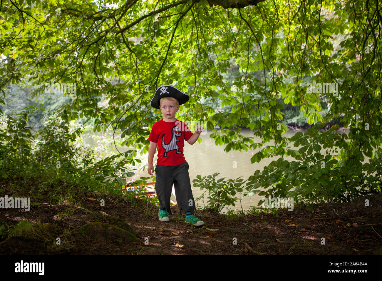 A young 4 year old boy dressed as a pirate, wearing a pirate hat and a red T-shirt with dinosaur on it. Stock Photo