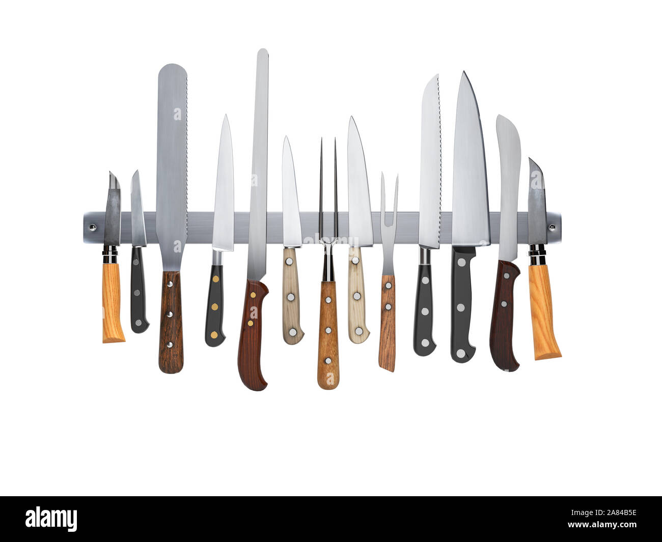 Concept set of knives on strip 3d render illustration on white