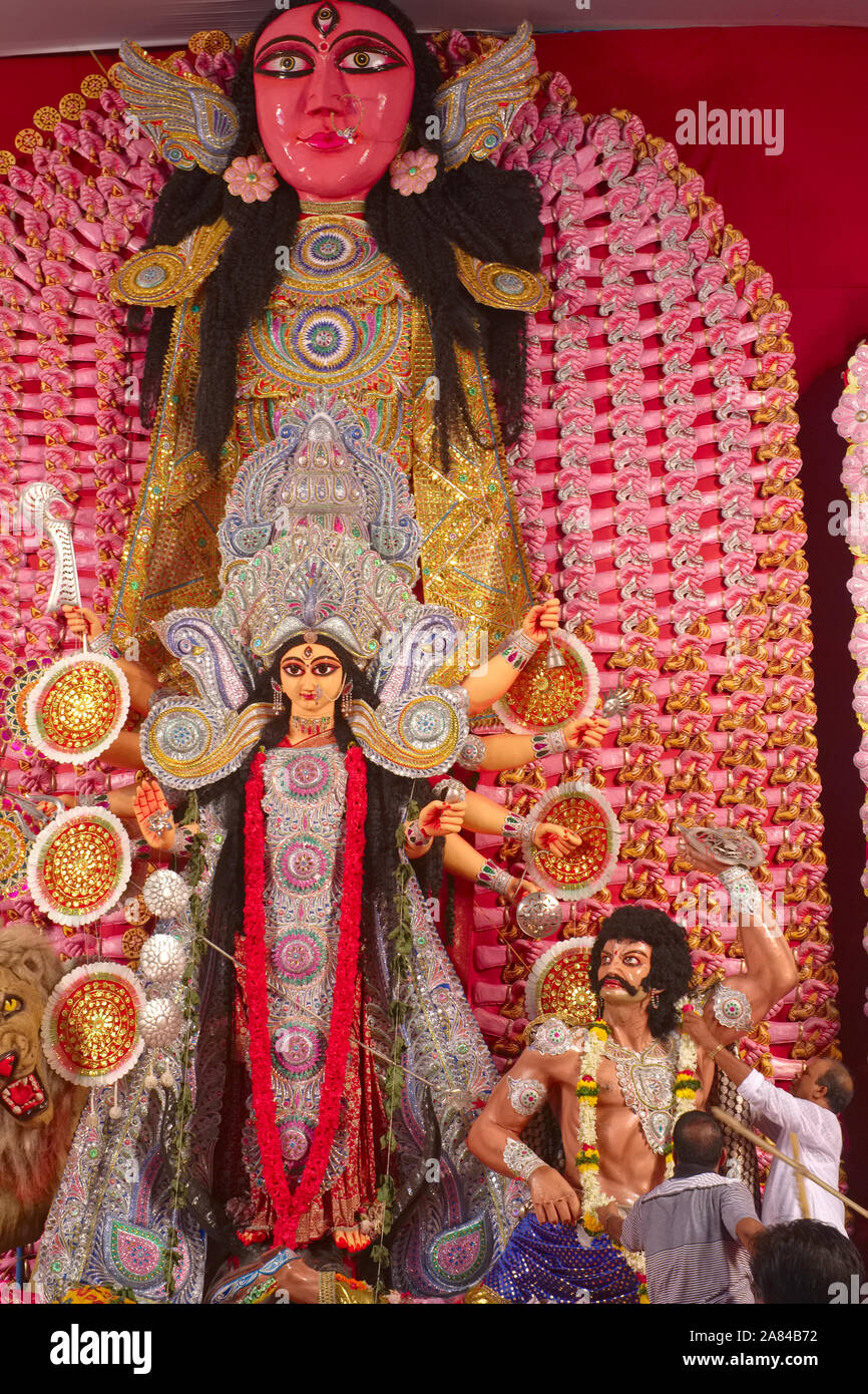 To celebrate Durga Puja, the Bengali community in Mumbai, India, has set up a stage with a large Durga statue and other religious/mytholog. figures Stock Photo
