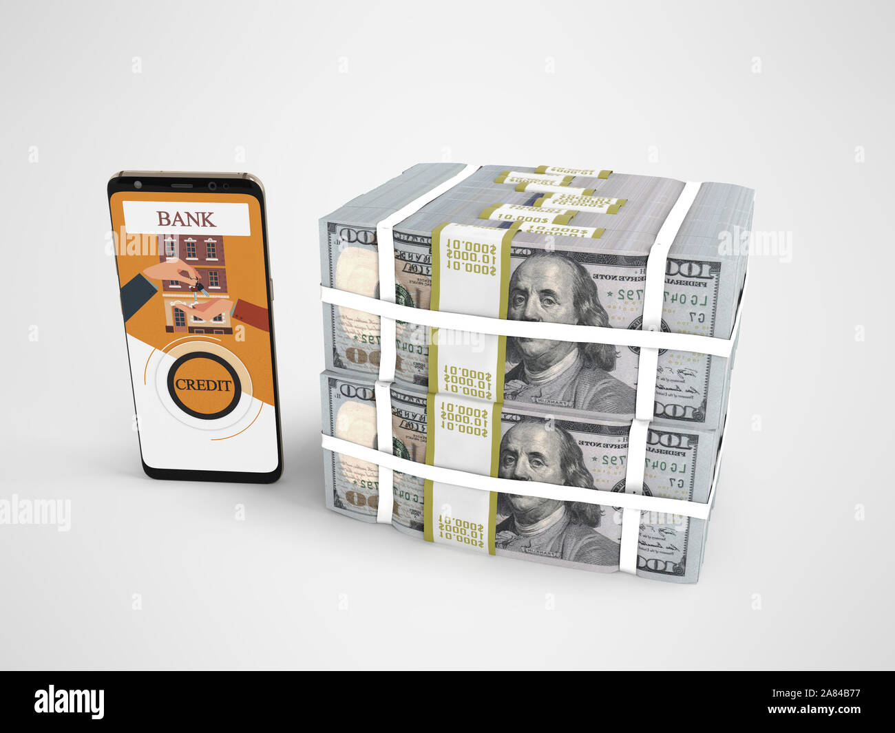 Loans Stack Concept stack of dollars in bank loan through smartphone 3d render on ...