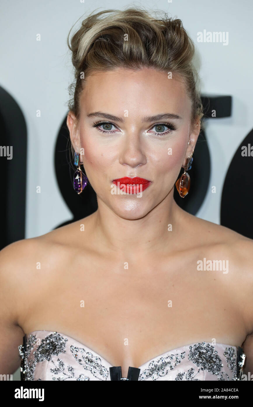 WEST HOLLYWOOD, LOS ANGELES, CALIFORNIA, USA - NOVEMBER 05: Actress  Scarlett Johansson wearing Louis Vuitton with Taffin jewelry arrives at the  Los Angeles Premiere Of Netflix's 'Marriage Story' held at the Directors