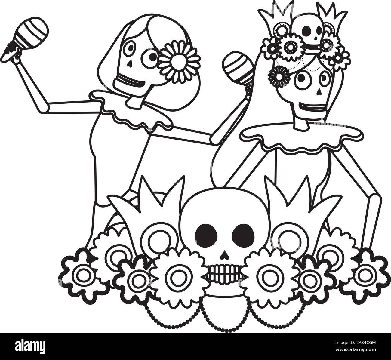 mexican katrinas skulls playing maracas comic characters Stock Vector