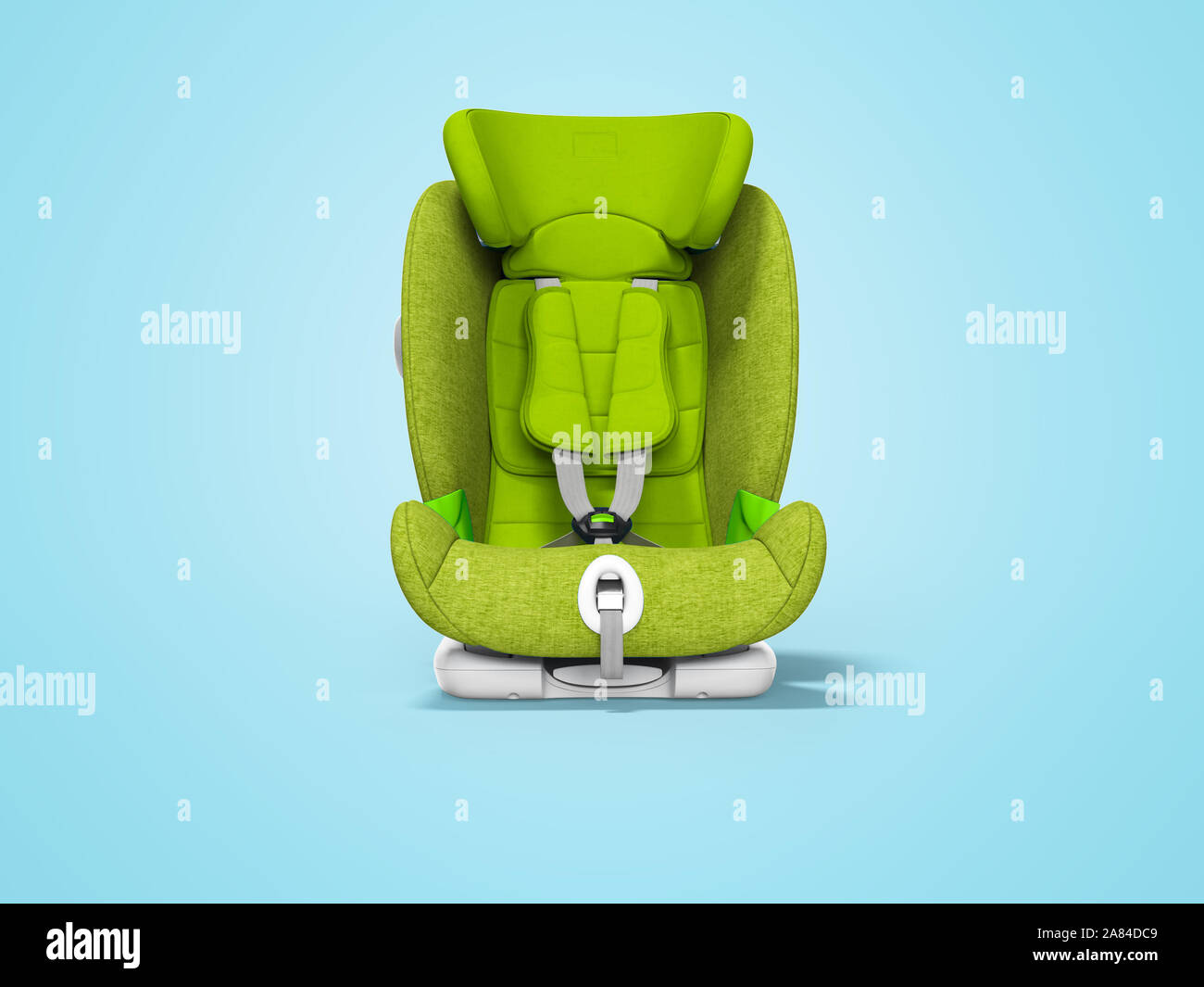 Green child seat for car front view 3d render on blue background with