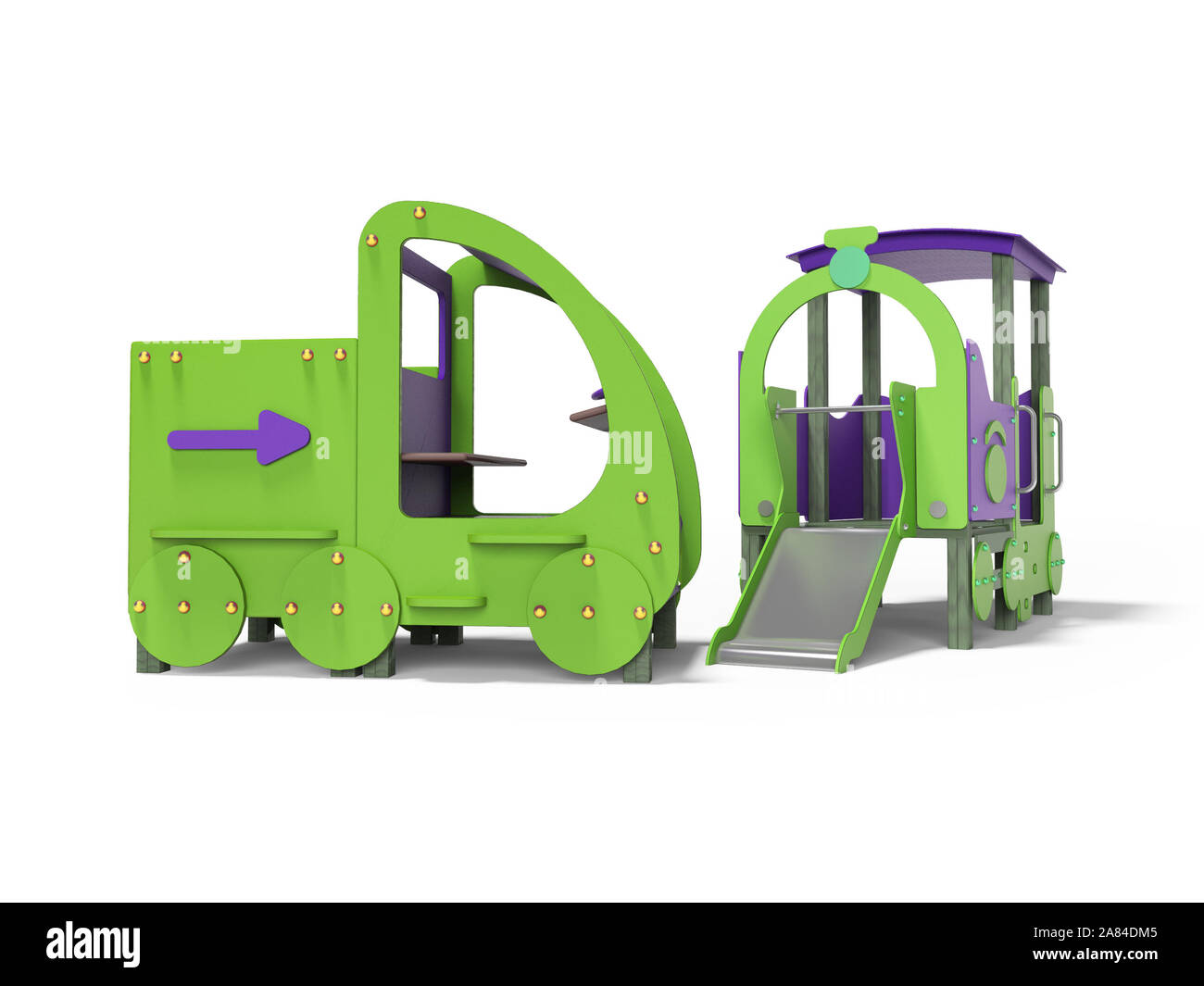 Green purple car and train playground for children with slide 3d render