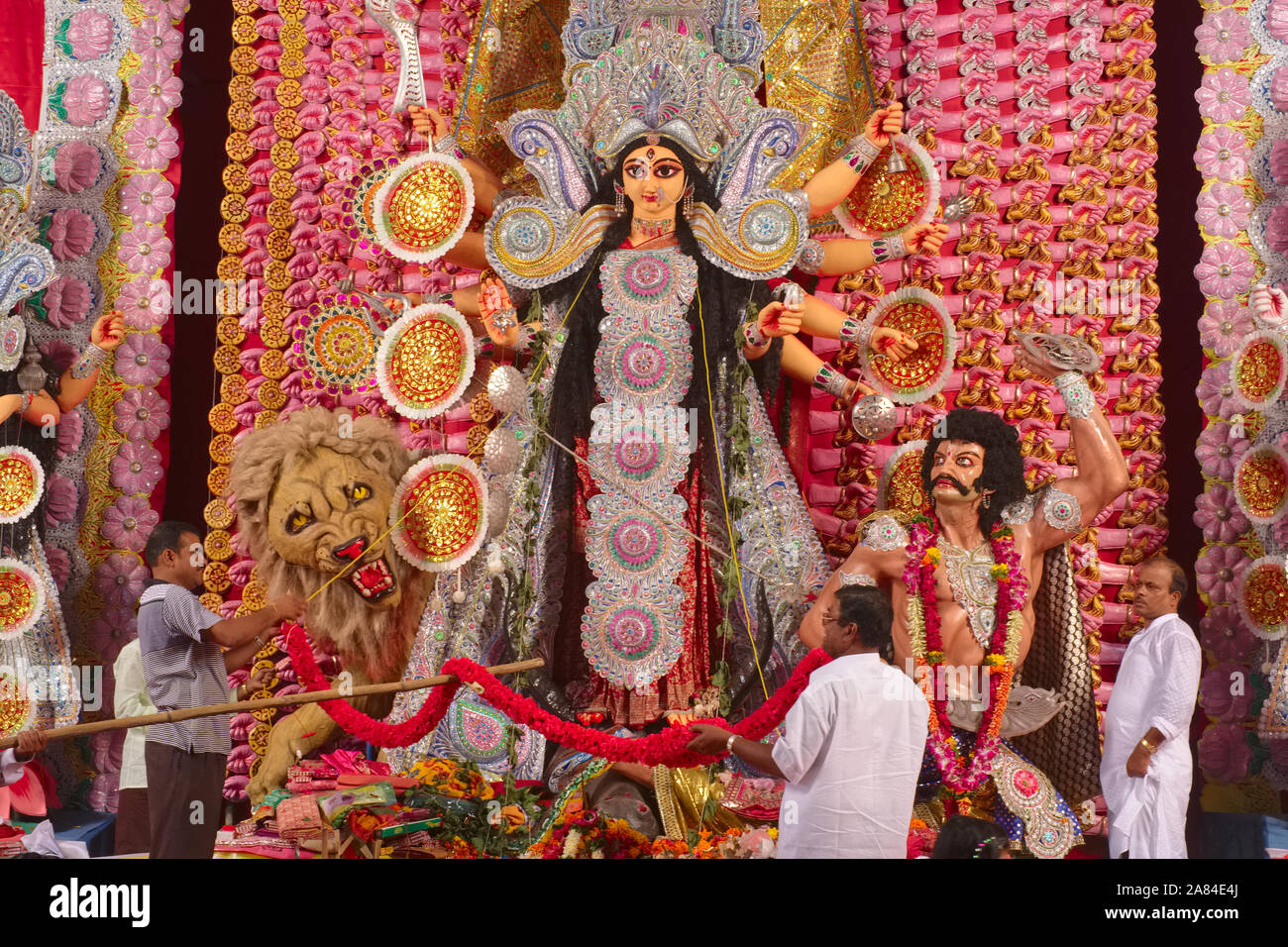 To celebrate Durga Puja, the Bengali community in Mumbai, India, has set up a stage with a large Durga statue and other religious/mytholog. figures Stock Photo