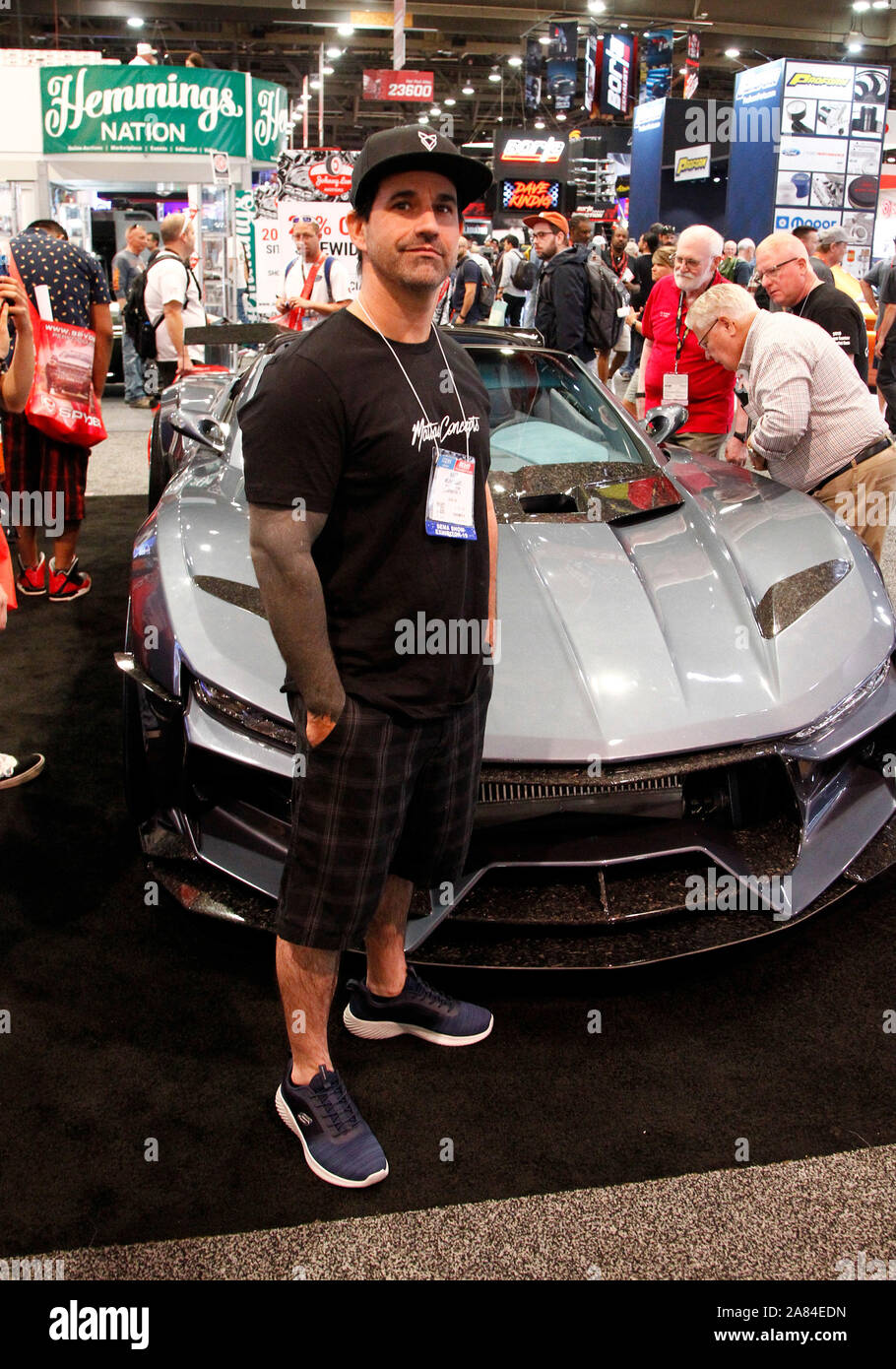 Las Vegas, United States. 05th Nov, 2019. Matt Mcentegart CEO and designer of the Valarra, a complete custom kit car based off of the Chevy C5 Corvette, stands in front of his latest creation on display during the 2019 SEMA Show, at the Las Vegas Convention center in Las Vegas, Nevada, on Tuesday, November 5, 2019. Photo by James Atoa/UPI Credit: UPI/Alamy Live News Stock Photo