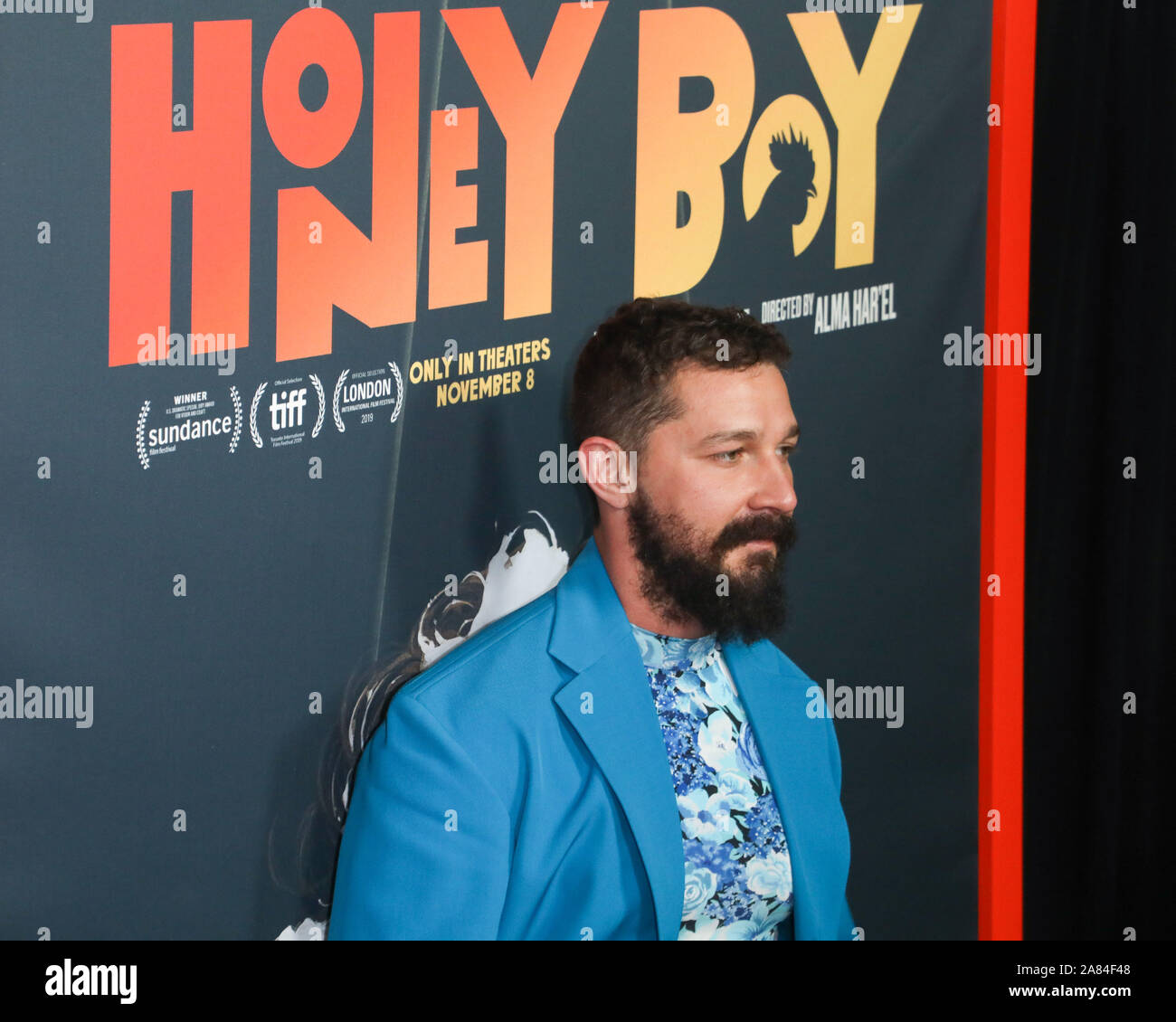 Hollywood, United States. 05th Nov, 2019. HOLLYWOOD, LOS ANGELES,  CALIFORNIA, USA - NOVEMBER 05: Actor Shia LaBeouf wearing Balenciaga  arrives at the Los Angeles Premiere Of Amazon Studios' 'Honey Boy' held at
