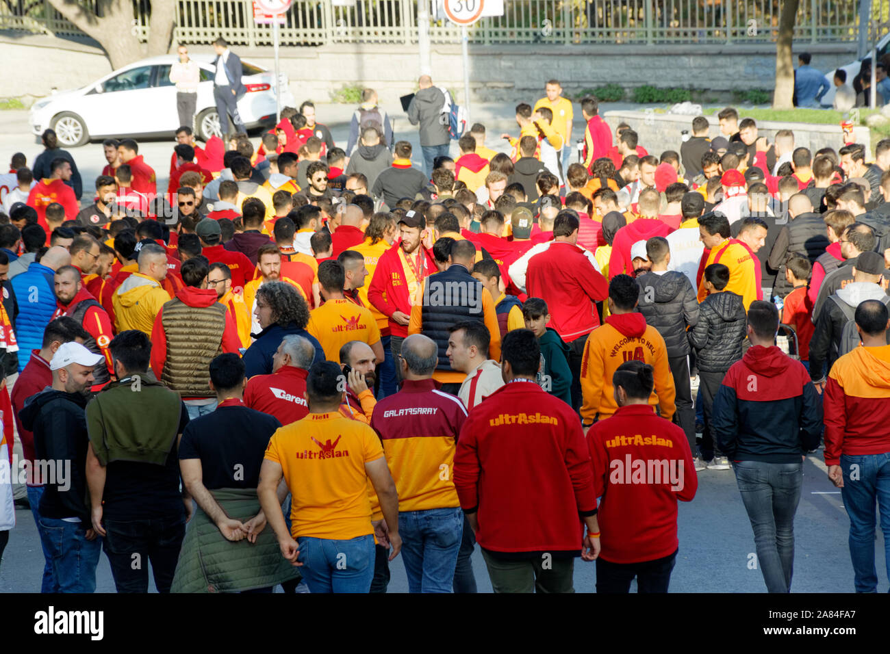 Istanbul / Turkey - October, 27, 2019: Galatasaray Sports Club Fans advancing to Vodafone Arena before Galasataray-Besiktas Turkish Super League game Stock Photo