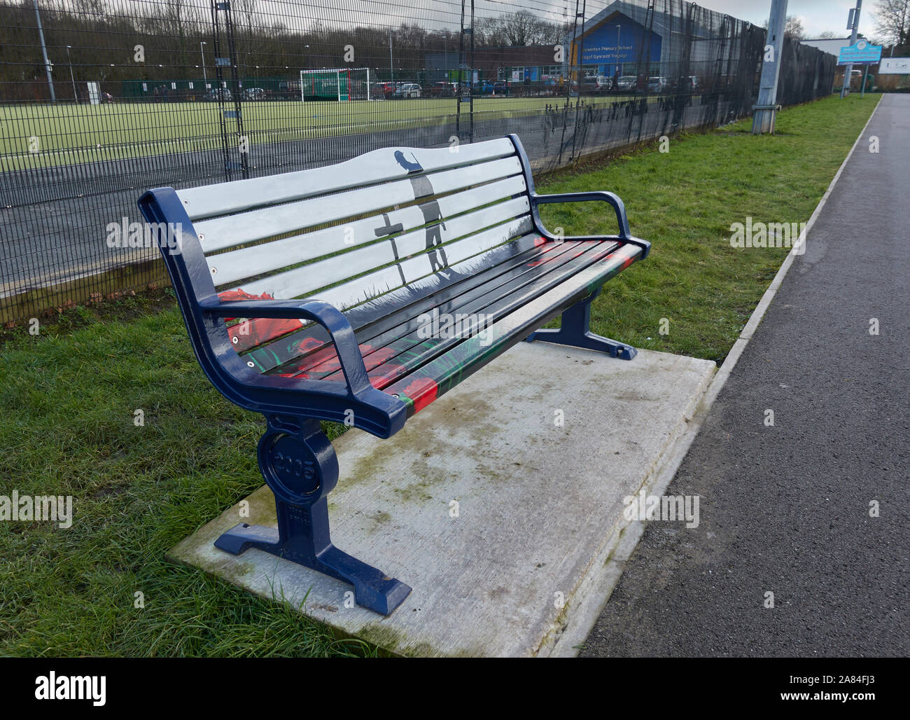 'Help for Heroes' bench at the Elba playing fields, Gowerton, Swansea, Wales. Stock Photo