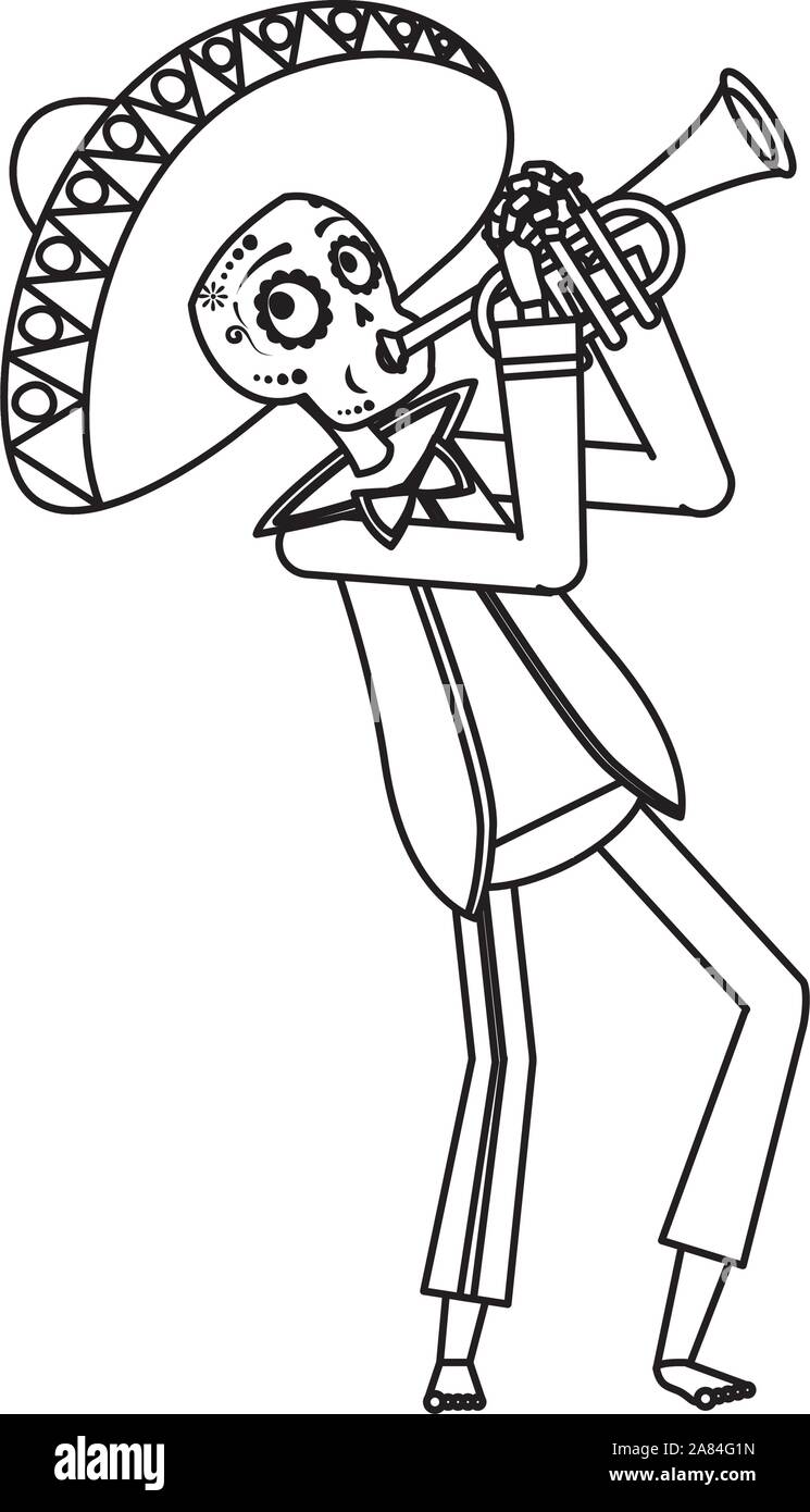 mariachi skull playing trumpet comic character Stock Vector
