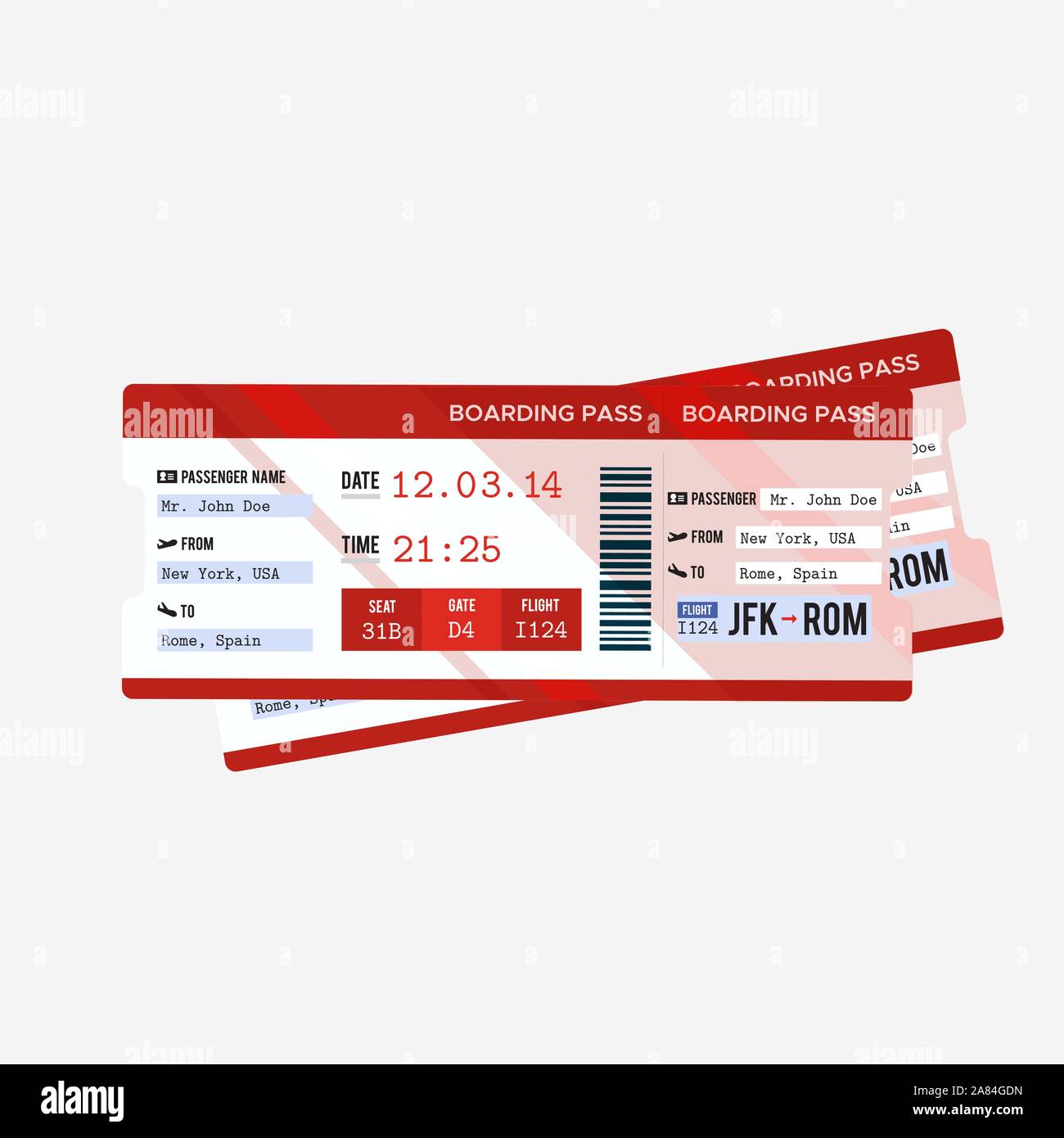 Realistic airline ticket design with passenger name. Isolated on white.  Stock Vector