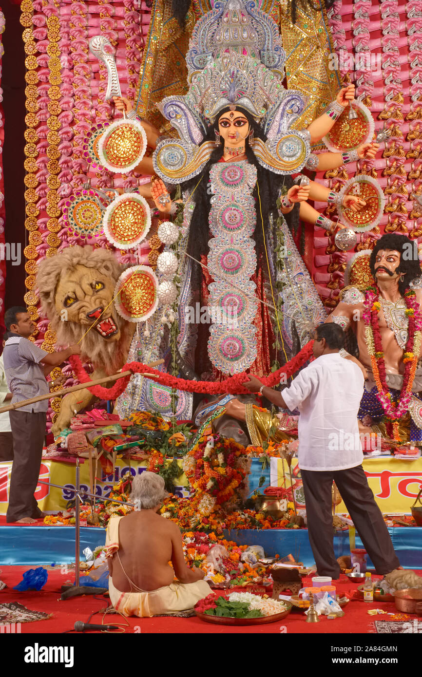 To celebrate Durga Puja, the Bengali community in Mumbai, India, has set up a stage with a large Durga statue and other religious/mytholog. figures Stock Photo